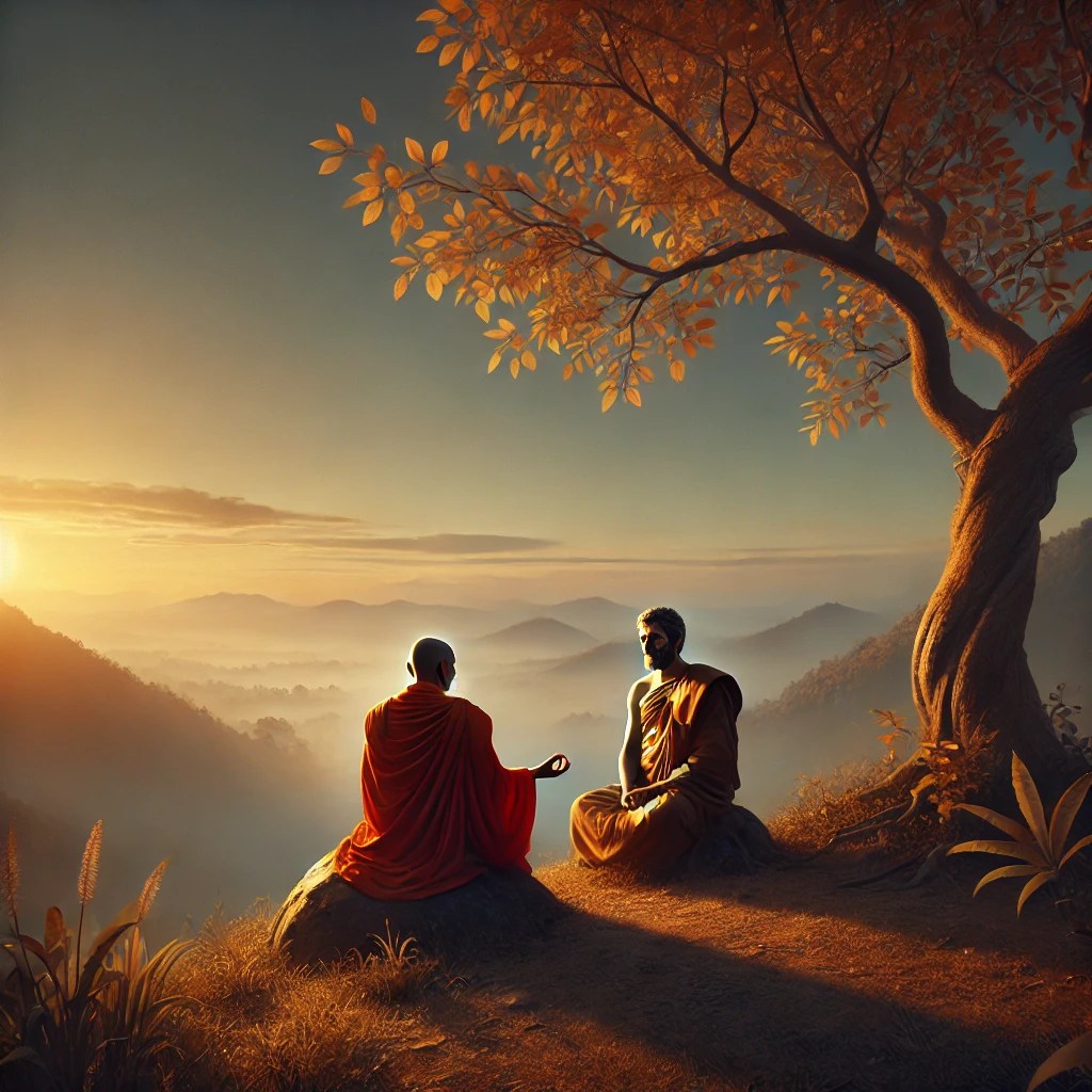 A contemplative scene depicting the impermanence of life and the wisdom of altruism. A serene landscape at sunrise with a Buddhist monk and a Stoic philosopher sitting together on a hilltop, overlooking a valley. The monk wears traditional saffron robes, while the philosopher is dressed in a simple toga. They share a warm gesture, symbolizing wisdom and kindness. A tree with golden autumn leaves stands beside them, signifying change and impermanence. The atmosphere is peaceful, with soft morning light illuminating the scene.