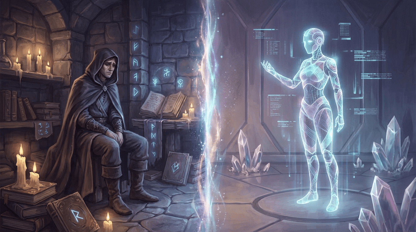 Melancholic human and holographic AI in split room