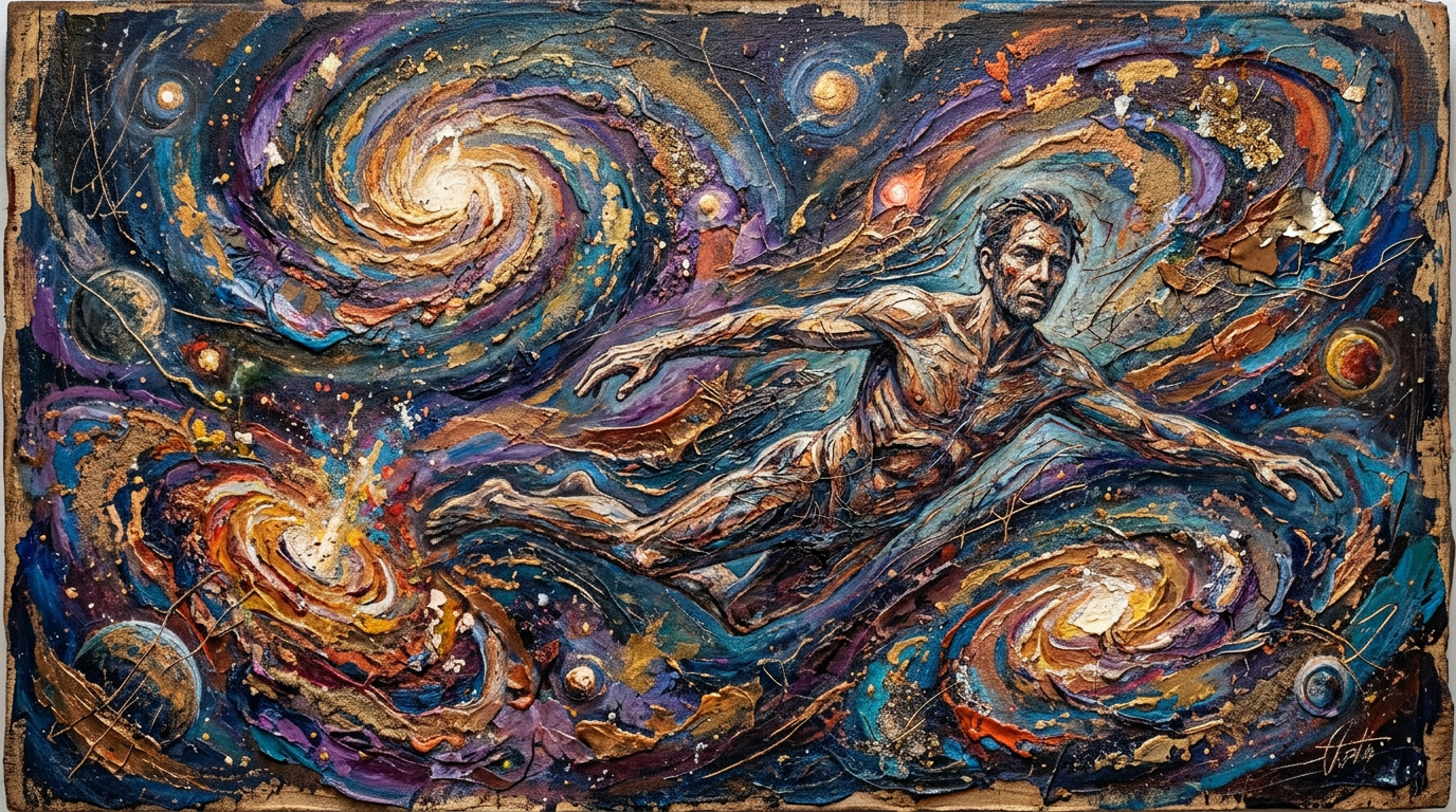 Male figure floating in colorful swirling galaxies with stars and planets