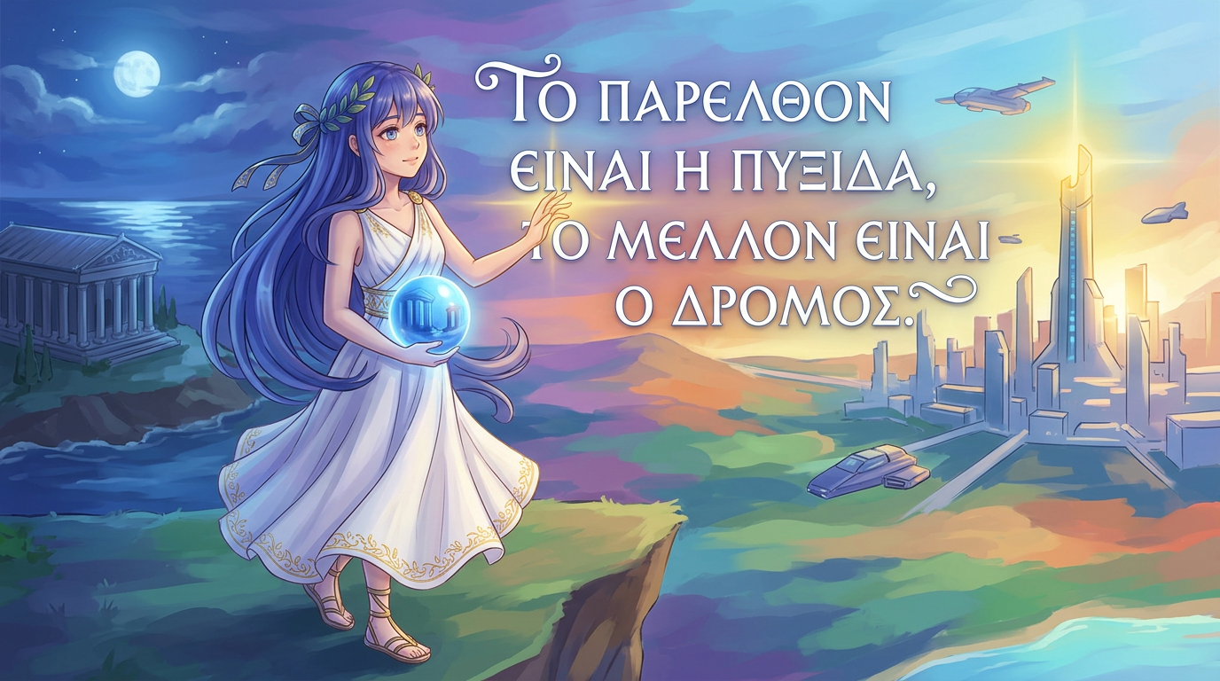 A woman in ancient Greek dress holding a glowing orb featuring a Greek temple, with ancient ruins on the left and a futuristic city on the right under a sunset sky