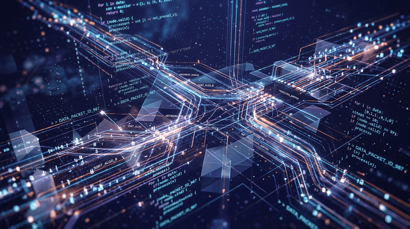Abstract digital network with neon data streams and programming code