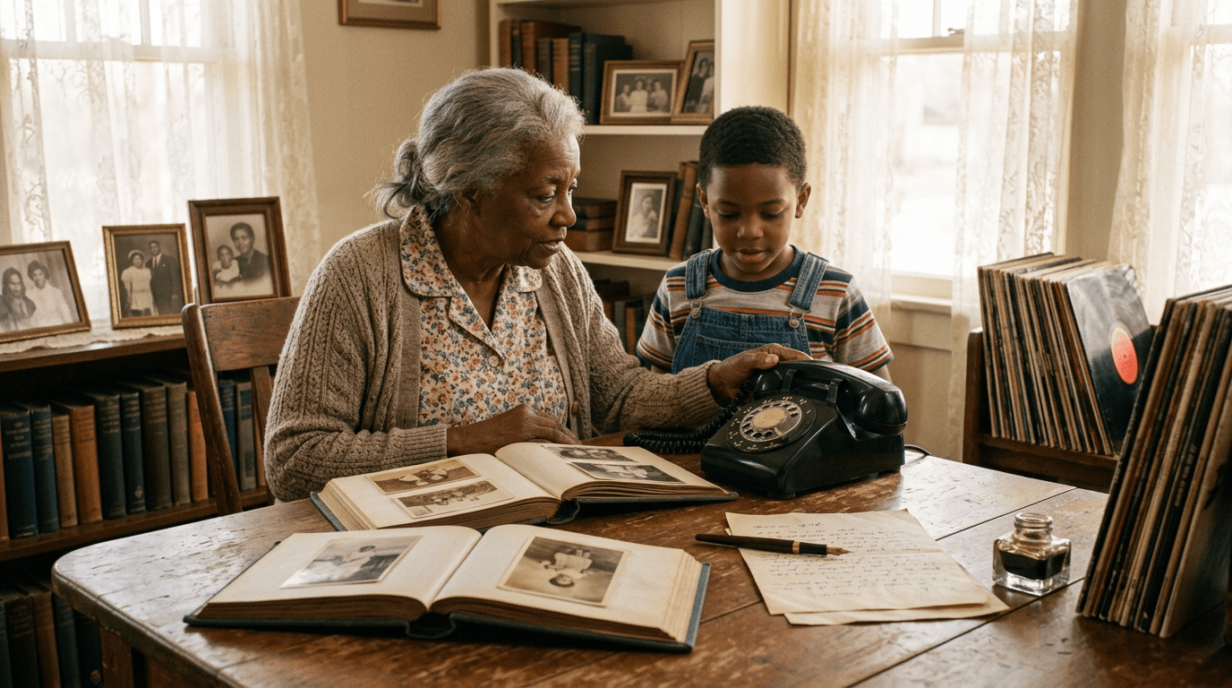 Elderly woman and young boy looking at photo albums and a rotary phone on a wooden table
