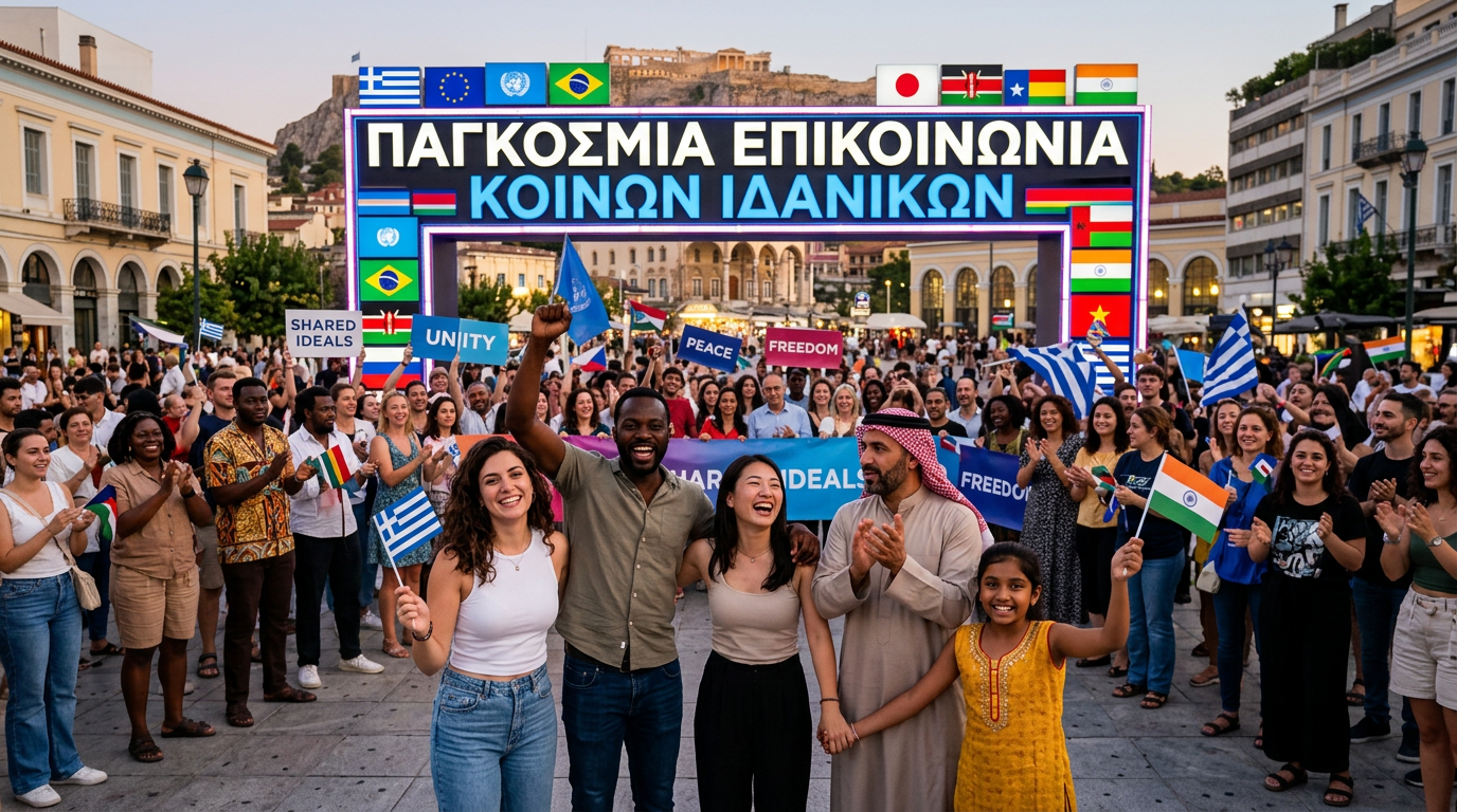 Crowd beneath Greek text “ΠΑΓΚΟΣΜΙΑ ΕΠΙΚΟΙΝΩΝΙΑ ΚΟΙΝΩΝ ΙΔΑΝΙΚΩΝ” and signs reading “SHARED IDEALS,” “UNITY,” “PEACE,” “FREEDOM”