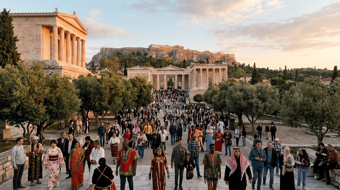 Marble gateway reading ΔΙΚΑΙΟΣΥΝΗ ΑΛΗΘΕΙΑ ΕΛΕΥΘΕΡΙΑ ΣΕΒΑΣΜΟΣ ΙΣΟΤΗΤΑ ΑΞΙΟΠΡΕΠΕΙΑ ΕΙΡΗΝΗ ΔΗΜΟΚΡΑΤΙΑ ΠΟΛΙΤΗΣ, with the Acropolis behind it