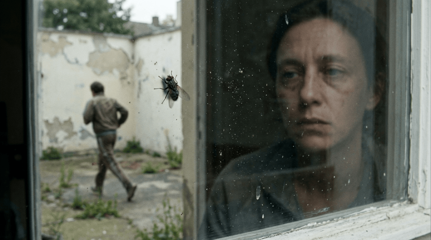 Somber person behind dusty window with fly and passerby outside
