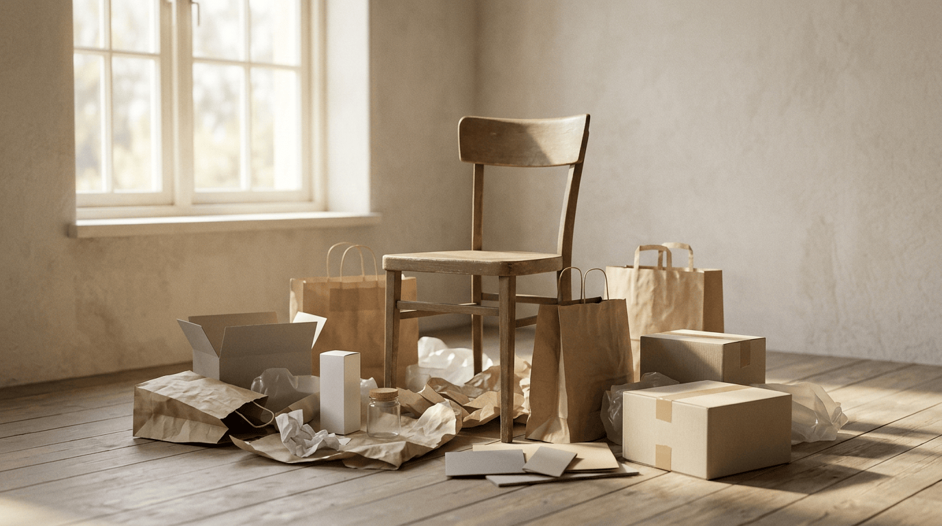 Wooden chair surrounded by boxes, paper bags, and packing materials