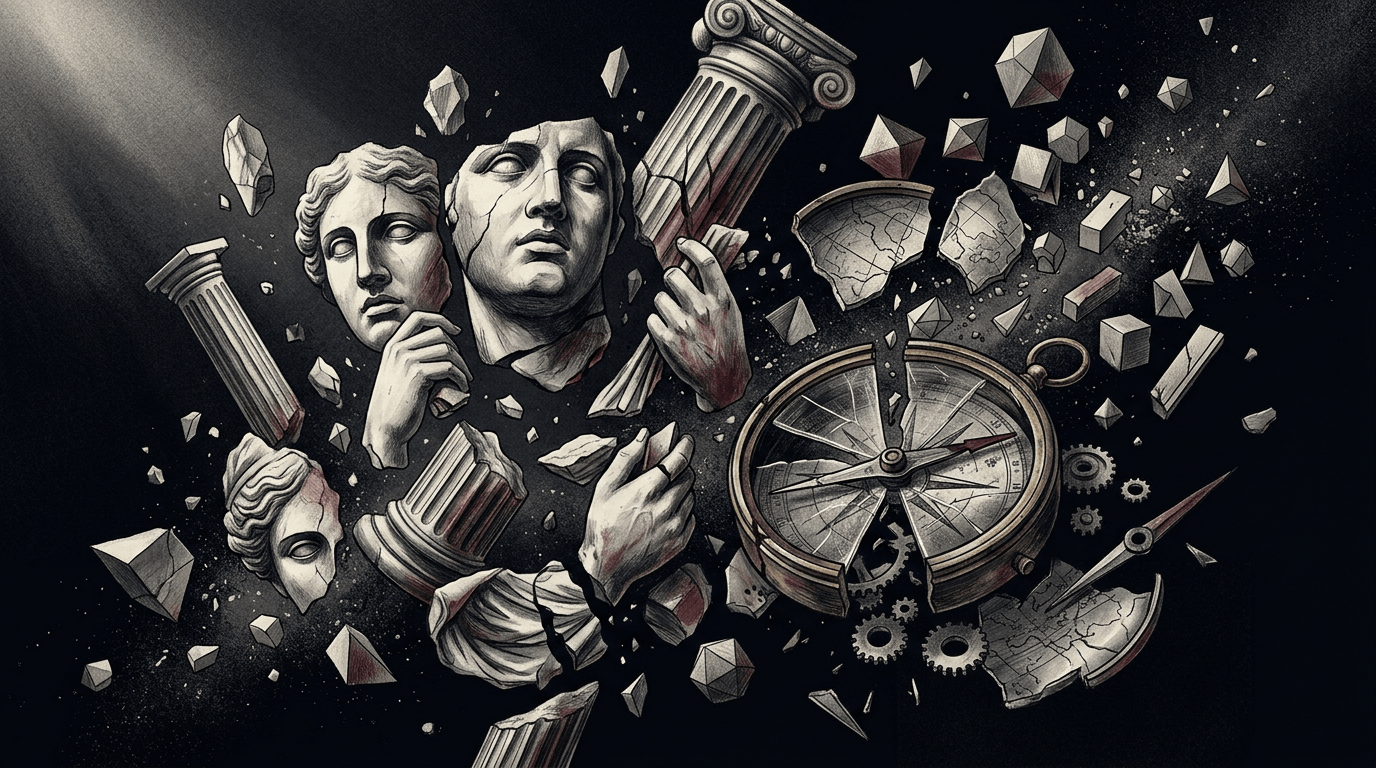 Surreal collage of classical statues, ruins, gemstones, gears, and a compass