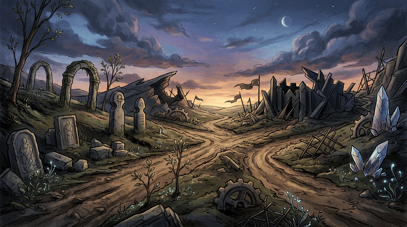 Abstract allegory of converging paths at twilight