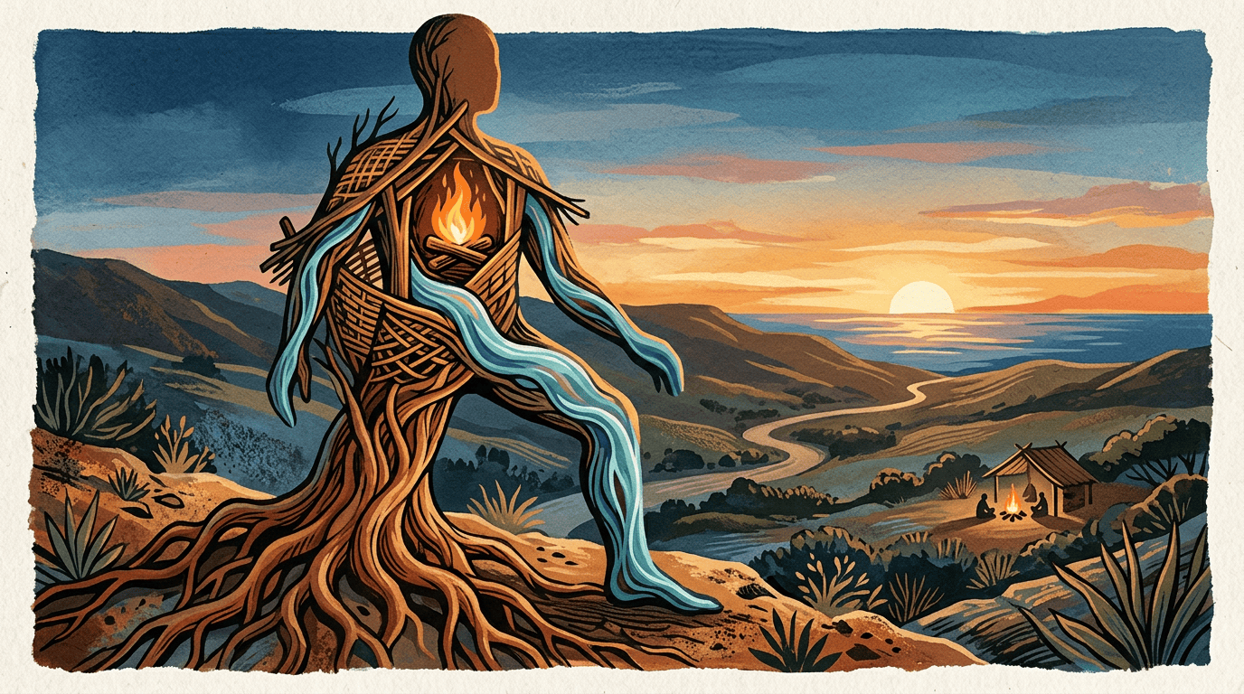 Tree-like nature spirit with fire and water overlooking a sunset valley
