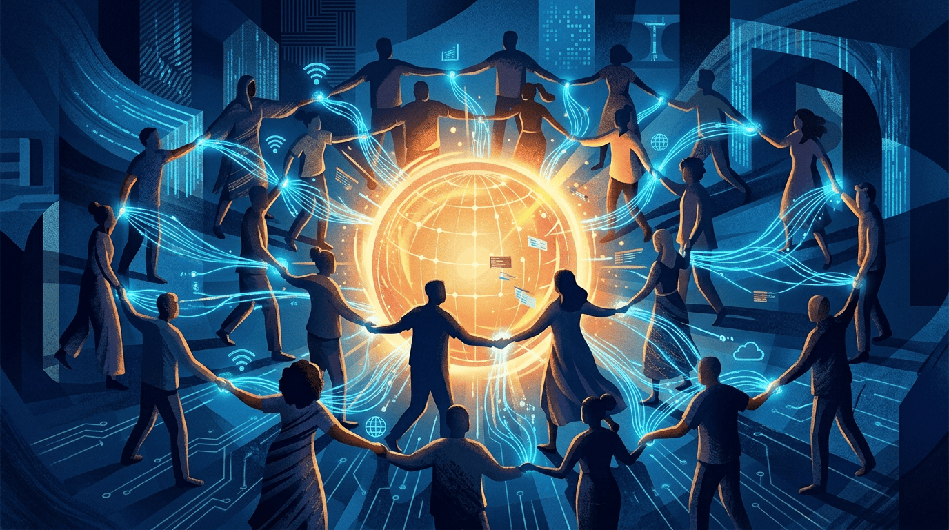 People holding hands in a circle around a glowing golden sphere