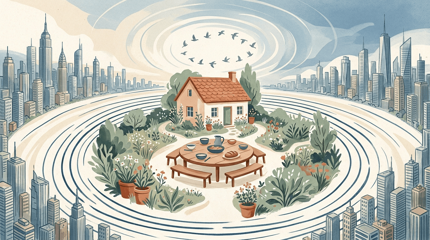 Cottage garden with outdoor tea table, flowers, trees, and circling birds